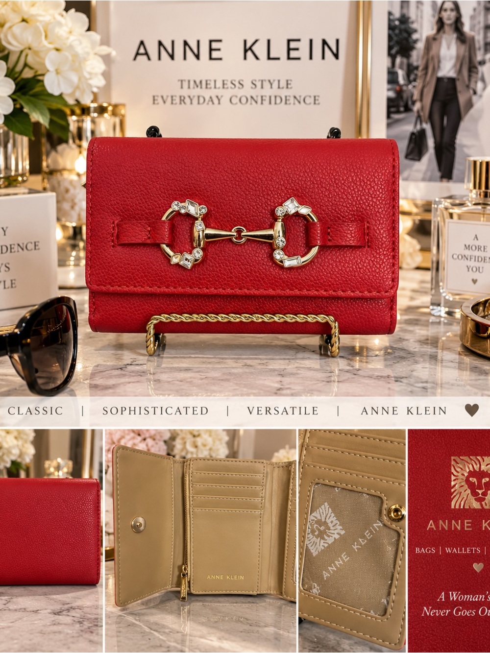 Anne Klein Red Leather Card Holder Wallet with Gold-Tone Hardware